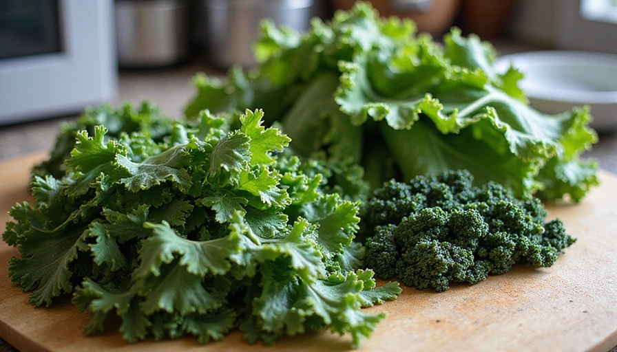 Vario assortimento di verdure a foglia verde fresca su un tagliere in cucina