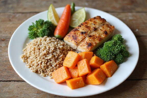 Piatto colorato e sano con verdure fresche, proteine magre e cereali integrali, che simboleggia un piano alimentare personalizzato.