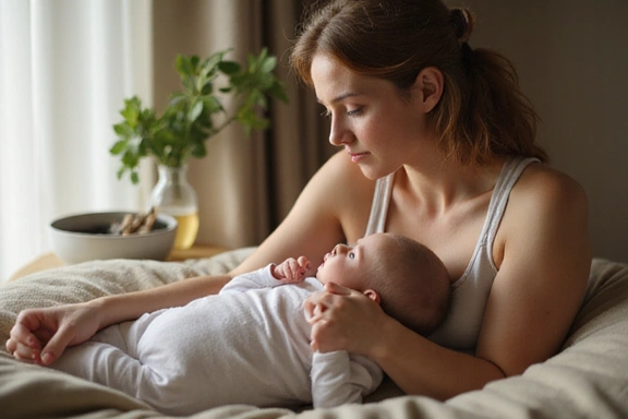 Madre serena che allatta il suo bambino, circondata da un ambiente calmo e confortevole, con un bicchiere d'acqua vicino.