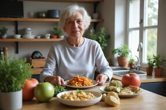 Immagine di una persona anziana che ha migliorato la sua salute generale grazie a un piano alimentare bilanciato. No testo.