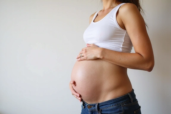 Immagine di una donna incinta che segue un piano nutrizionale sano, mostrando un ventre sano e felice. No testo.