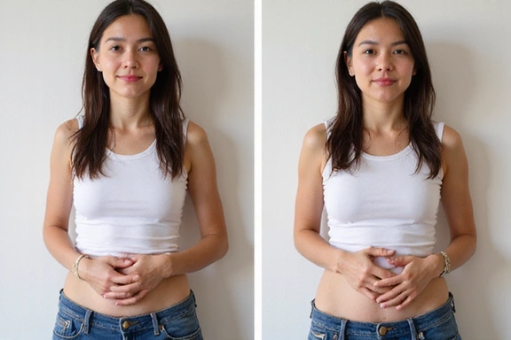 Immagine di una persona prima e dopo aver gestito un'intolleranza alimentare con una dieta specifica, mostrando un miglioramento della digestione e del benessere. No testo.