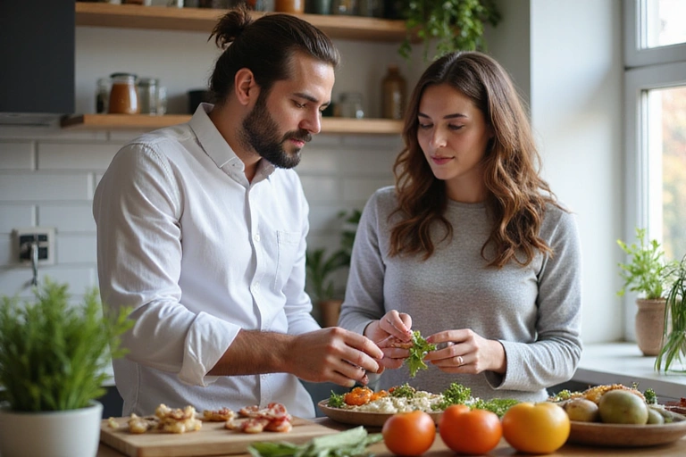 Nutrizionista che spiega un piano alimentare personalizzato a un cliente sorridente, con grafici e alimenti sani sul tavolo.