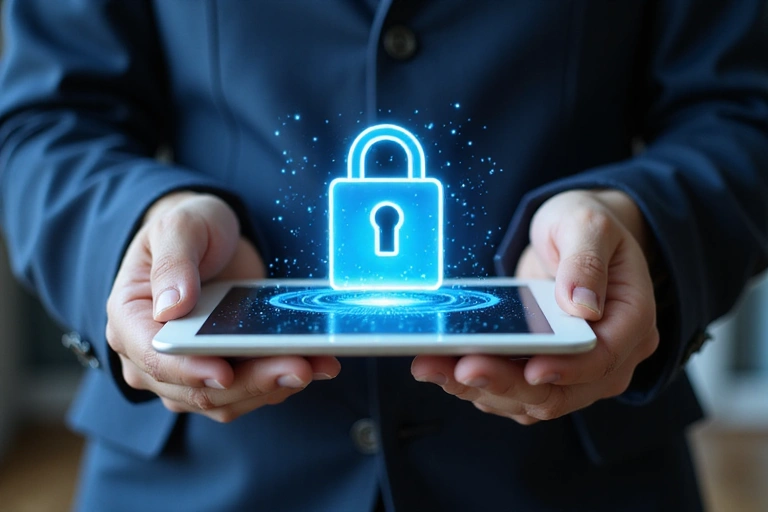 Mani che tengono un tablet con un lucchetto digitale, simbolo di protezione dei dati